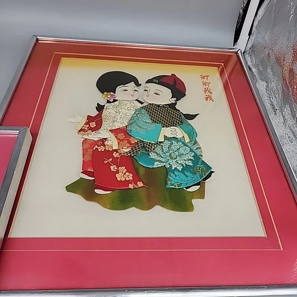 Pair Set Japanese Girl Kimono Fabric 3D Wall Art Geisha Wood Frame Art Asian